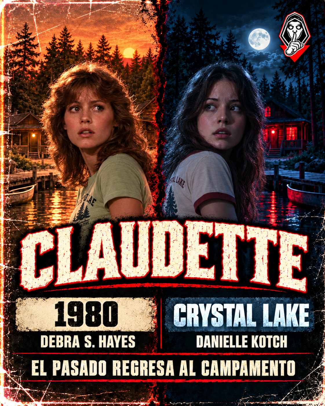 Comparativa editorial de Claudette: Debra S. Hayes en 1980 y Danielle Kotch en Crystal Lake, con camisetas del campamento.