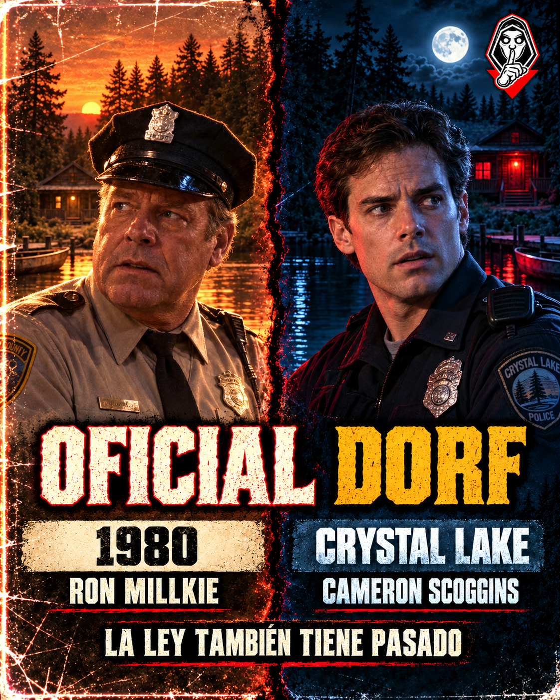 Comparativa editorial del oficial Dorf: Ron Millkie en 1980 y Cameron Scoggins en Crystal Lake, con uniformes policiales.