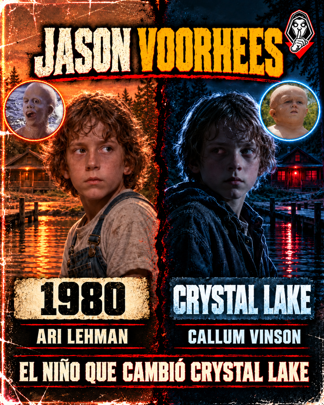 Comparativa editorial de Jason niño: Ari Lehman en 1980 y Callum Vinson en Crystal Lake; miniatura izquierda de Jason en el agua y derecha de su apariencia en la serie.