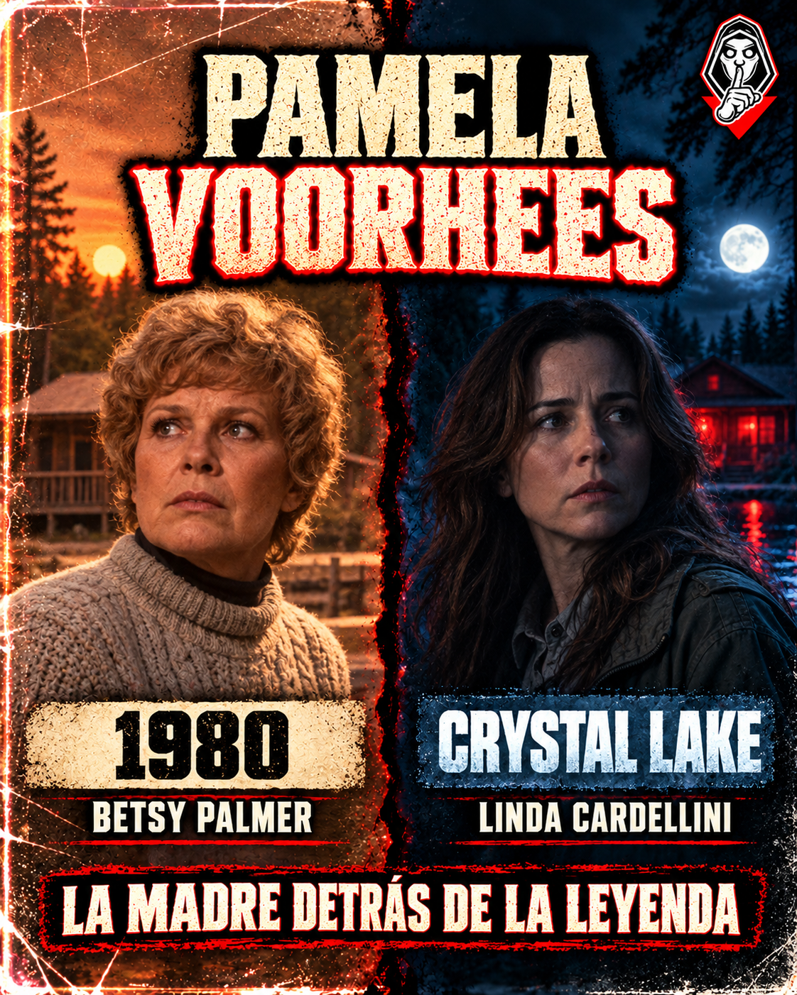Comparativa editorial de Pamela Voorhees: Betsy Palmer en 1980 y Linda Cardellini en Crystal Lake, con retratos sobre un campamento.