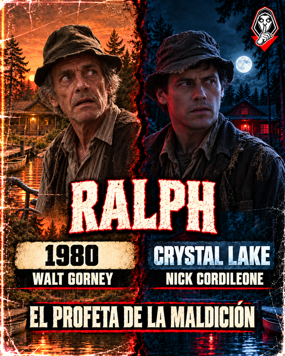 Comparativa editorial de Ralph: Walt Gorney en 1980 y Nick Cordileone en Crystal Lake, con sombreros frente al campamento.