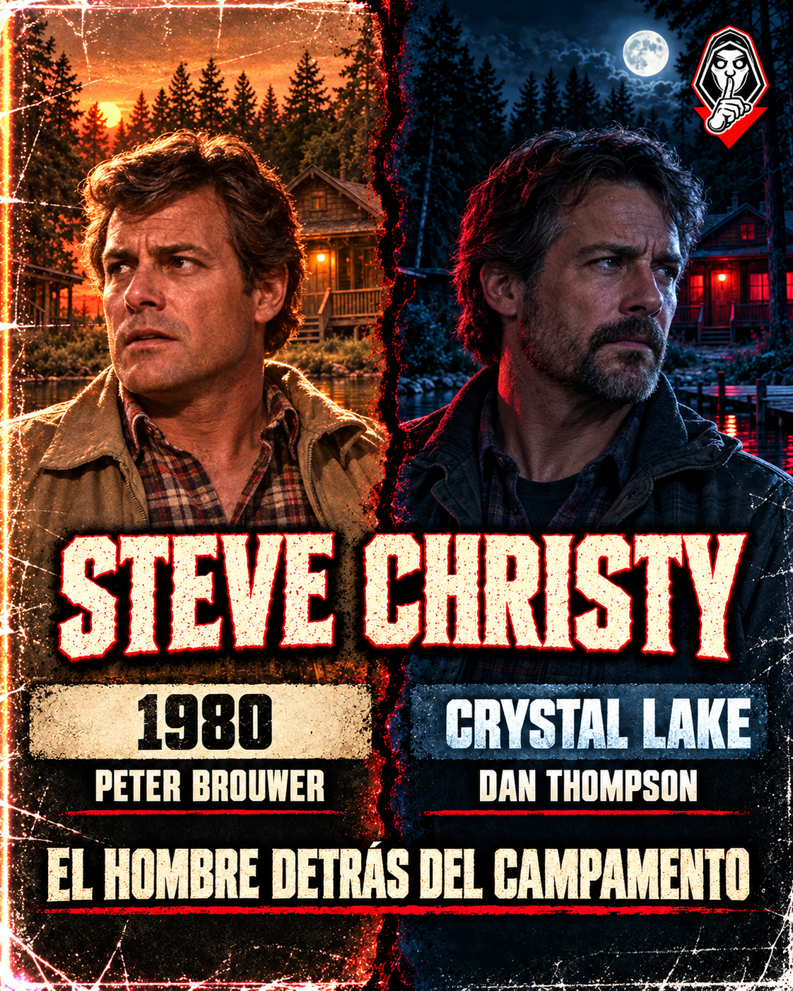Comparativa editorial de Steve Christy: Peter Brouwer en 1980 y Dan Thompson en Crystal Lake, sobre fondos del campamento.