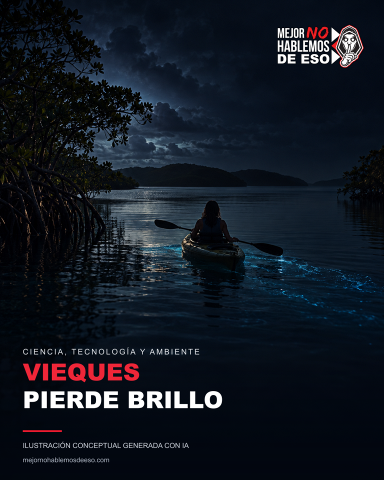 Ilustración conceptual generada con IA de una bahía nocturna de Vieques con resplandor azul tenue; no documenta el estado actual. Logo horizontal oficial MNHDE.