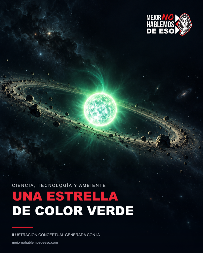Una estrella muerta podría verse verde: el caso WD J1330+6435 — ilustración conceptual generada con IA, no evidencia fotográfica; logo horizontal oficial MNHDE.
