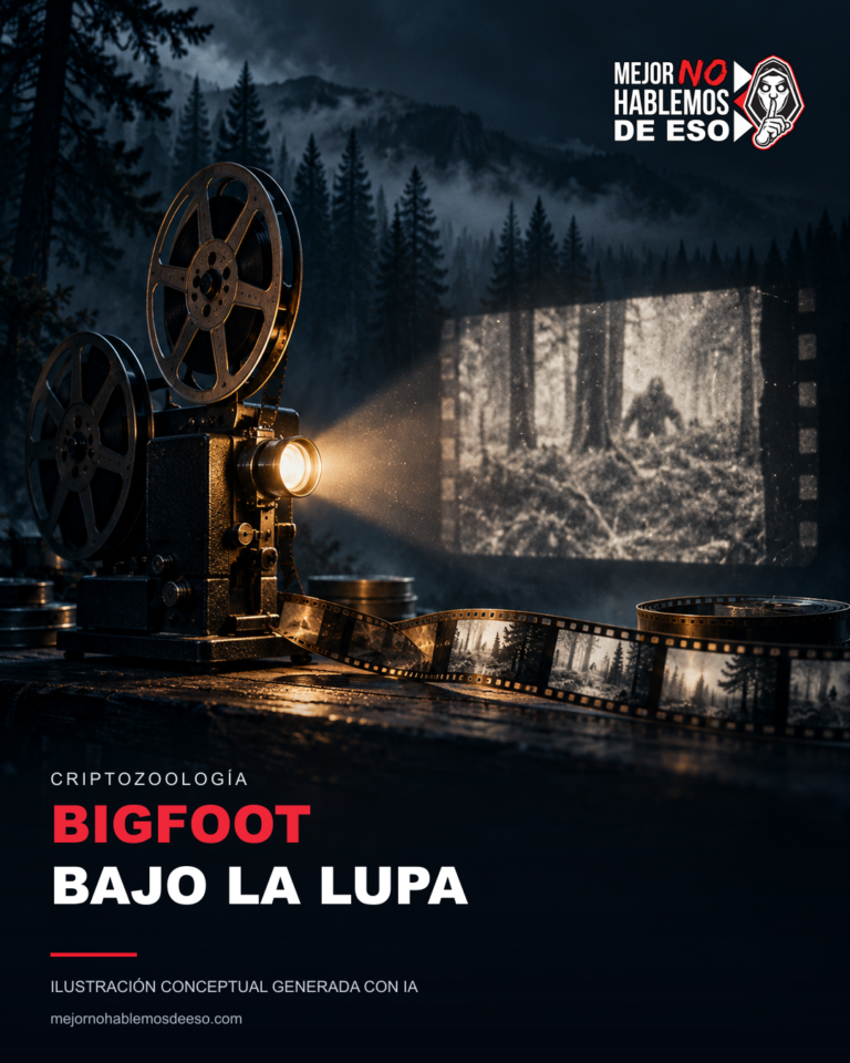 Capturing Bigfoot reabre el debate sobre la película Patterson-Gimlin — ilustración conceptual generada con IA, no evidencia fotográfica; logo horizontal oficial MNHDE.