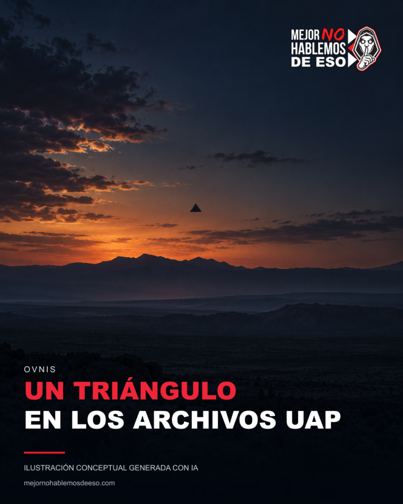 Nuevo archivo UAP: un triángulo descrito por agentes federales — ilustración conceptual generada con IA, no evidencia fotográfica; logo horizontal oficial MNHDE.