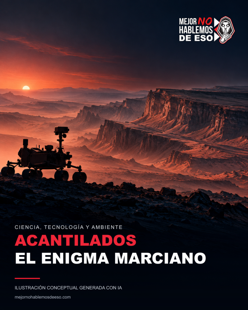 Paisaje de yardangs con etiqueta ilustrativa; no ruinas artificiales. Ilustración conceptual generada con IA; logo horizontal oficial MNHDE.