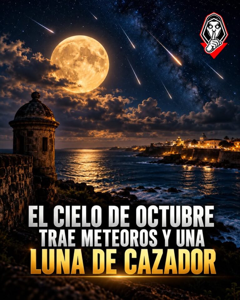 Ilustración de una luna llena y meteoros sobre la costa de Puerto Rico, con el título de MNHDE sobre el cielo de octubre.