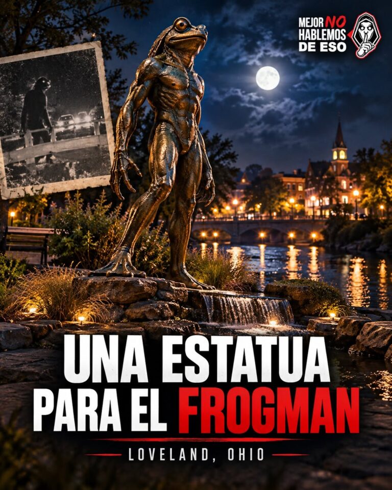 Ilustración IA de MNHDE sobre el Frogman de Loveland; no representa el diseño oficial de la escultura.
