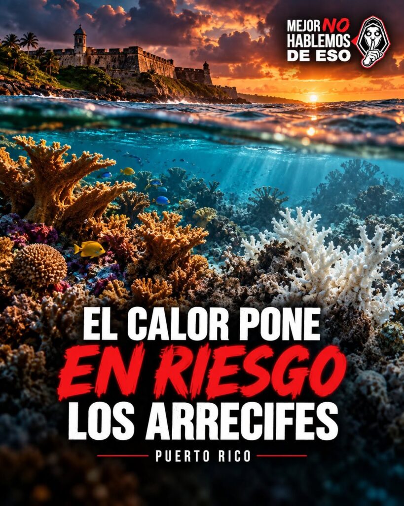 Ilustración IA de MNHDE con corales coloridos y blancos frente a una costa de Puerto Rico; no representa una observación de NOAA.