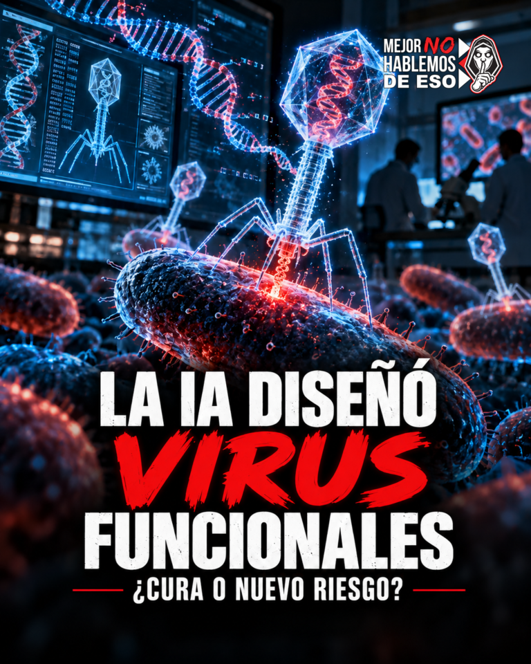 Ilustración IA de MNHDE de bacteriófagos y ADN en un laboratorio; representación conceptual, no micrografía del estudio.