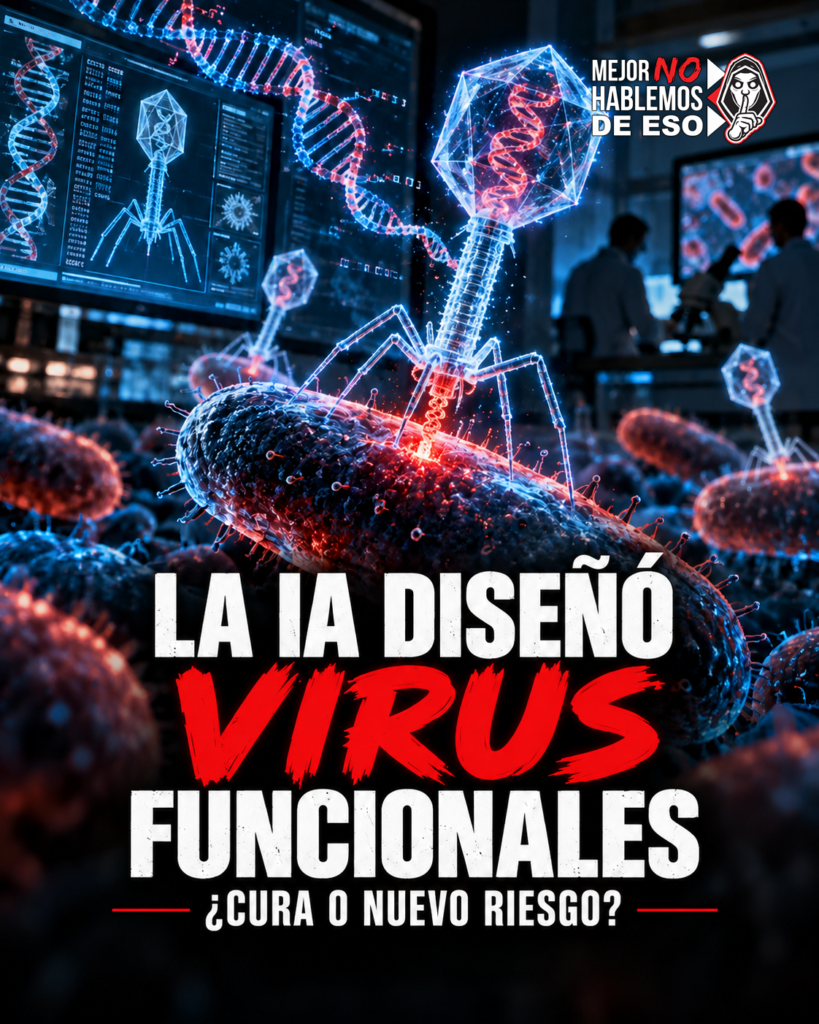 Ilustración IA de MNHDE de bacteriófagos y ADN en un laboratorio; representación conceptual, no micrografía del estudio.