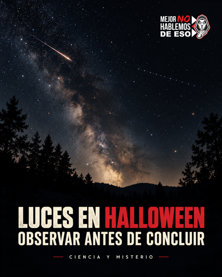 Ilustración conceptual generada con IA de un cielo nocturno con trazos luminosos; no representa un avistamiento real ni un pronóstico para Halloween.