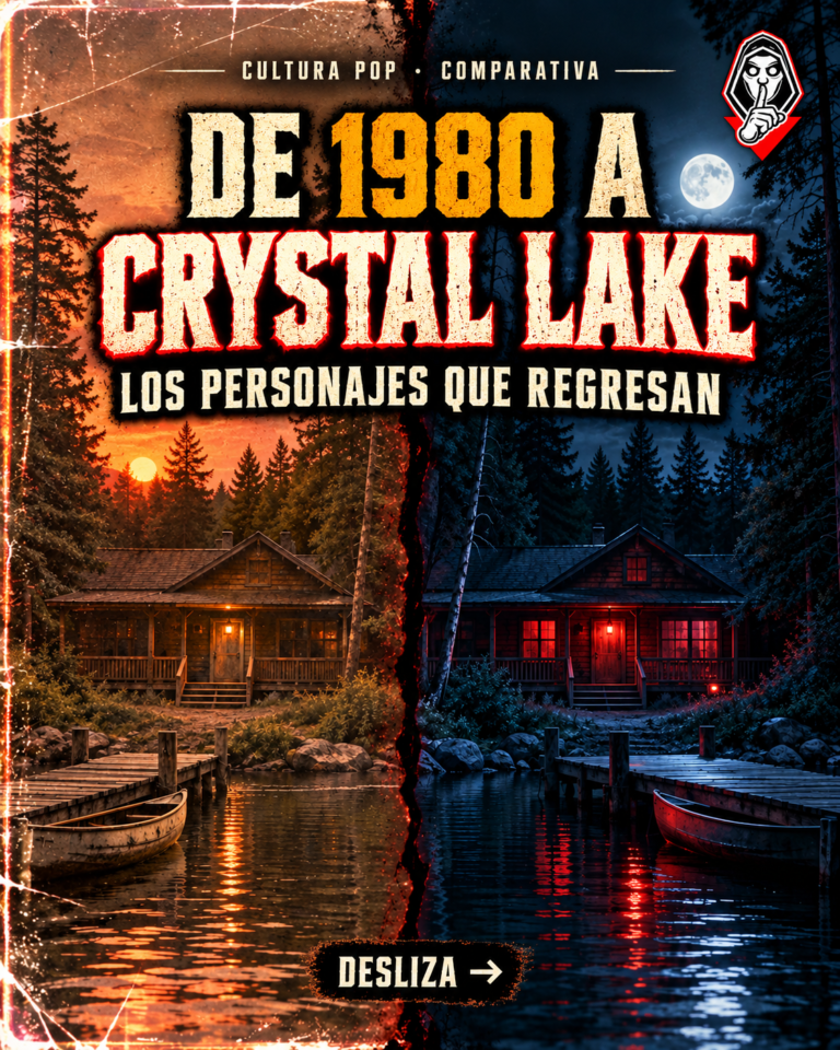 Portada de MNHDE: De 1980 a Crystal Lake, los personajes que regresan, con dos campamentos junto al lago en tonos naranja y azul.