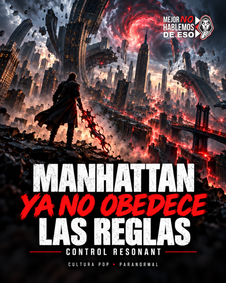Ilustración IA de MNHDE de una Manhattan deformada y una figura con arma, inspirada en Control Resonant; no es una captura oficial.