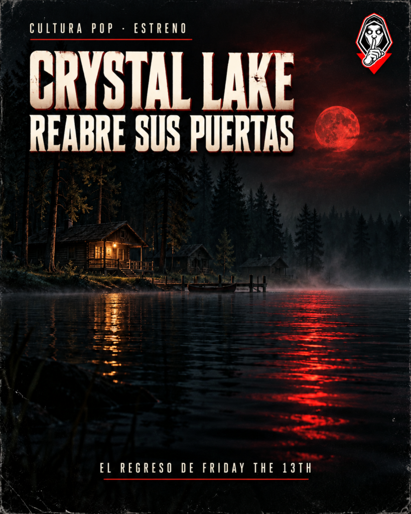 Ilustración IA de MNHDE de cabañas junto a un lago nocturno bajo una luna roja, con el título Crystal Lake reabre sus puertas.