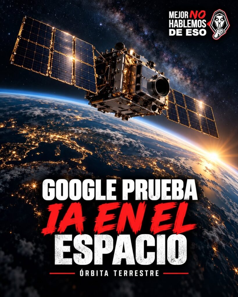 Ilustración IA de MNHDE de un satélite con paneles solares sobre la Tierra y el texto Google prueba IA en el espacio.