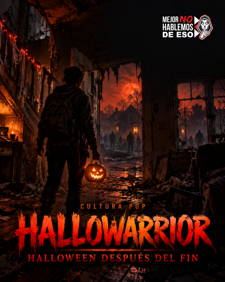 Ilustración IA de MNHDE de una superviviente adulta con una calabaza en una casa deteriorada; concepto de Hallowarrior, no fotograma ni retrato del reparto.