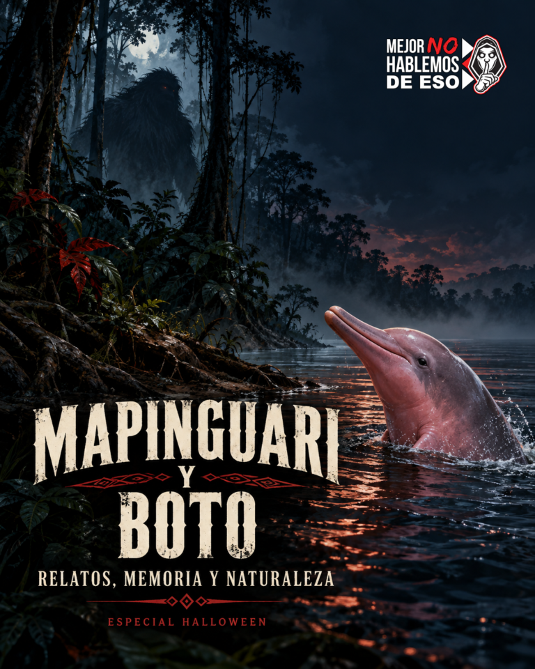 Ilustración conceptual IA de Mapinguari como silueta legendaria y un delfín rosado en un río amazónico; no documenta un avistamiento ni una transformación.