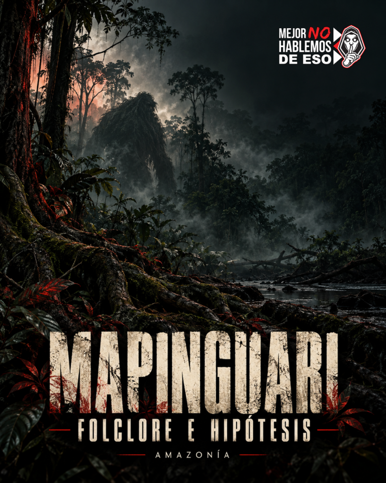 Ilustración conceptual generada con IA de Mapinguari entre árboles de la Amazonía; no es una fotografía ni evidencia de un animal real.