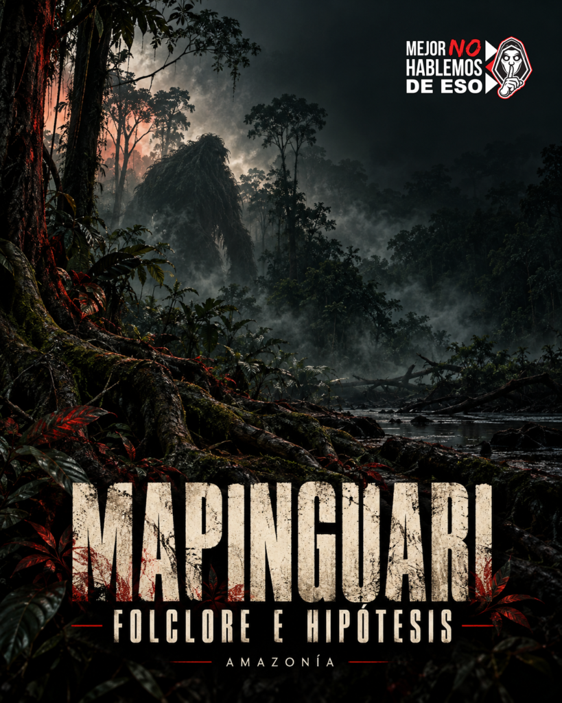 Ilustración conceptual generada con IA de Mapinguari entre árboles de la Amazonía; no es una fotografía ni evidencia de un animal real.