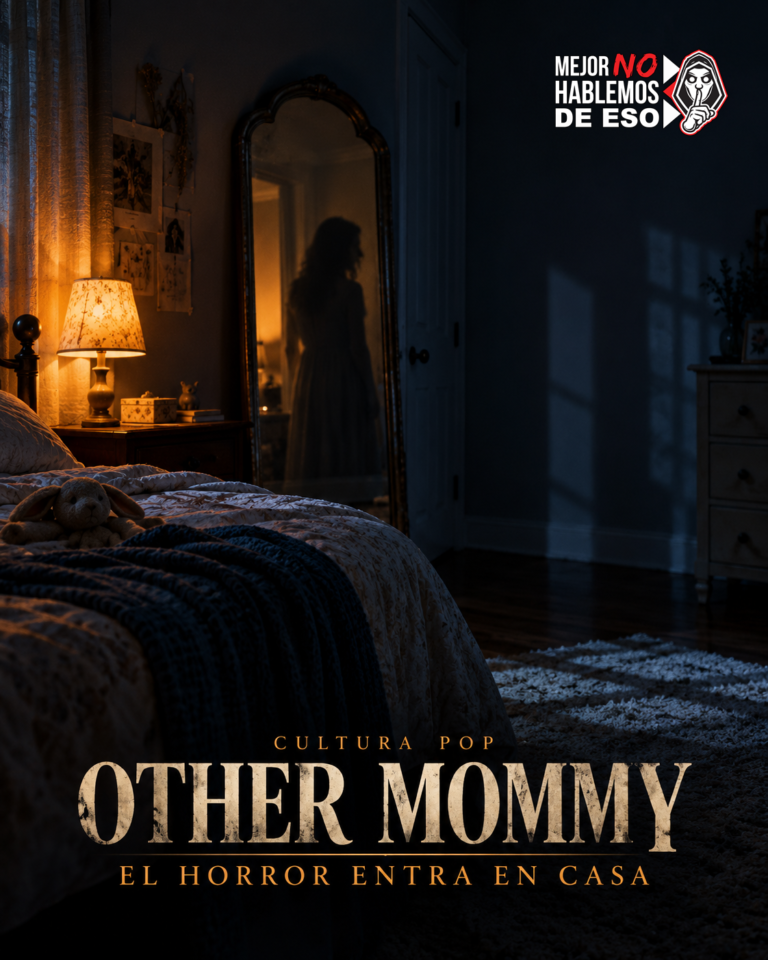 Ilustración IA de MNHDE de una habitación vacía y una sombra adulta reflejada en un espejo; concepto de horror, no fotograma de Other Mommy.