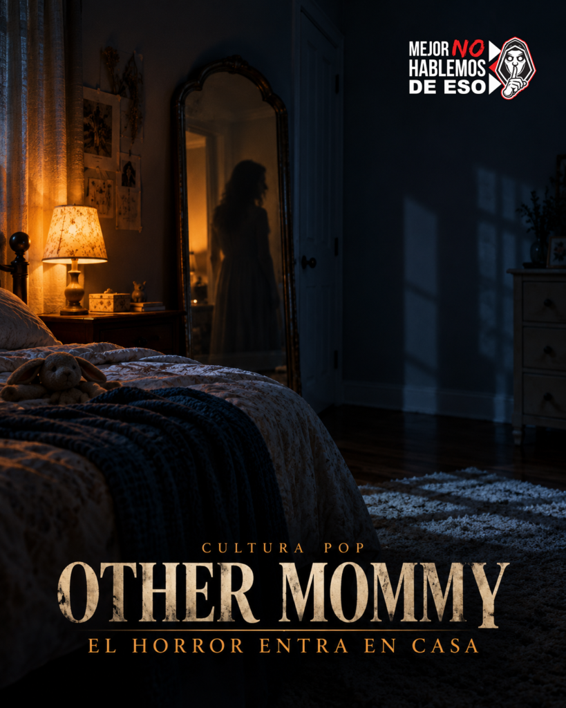 Ilustración IA de MNHDE de una habitación vacía y una sombra adulta reflejada en un espejo; concepto de horror, no fotograma de Other Mommy.
