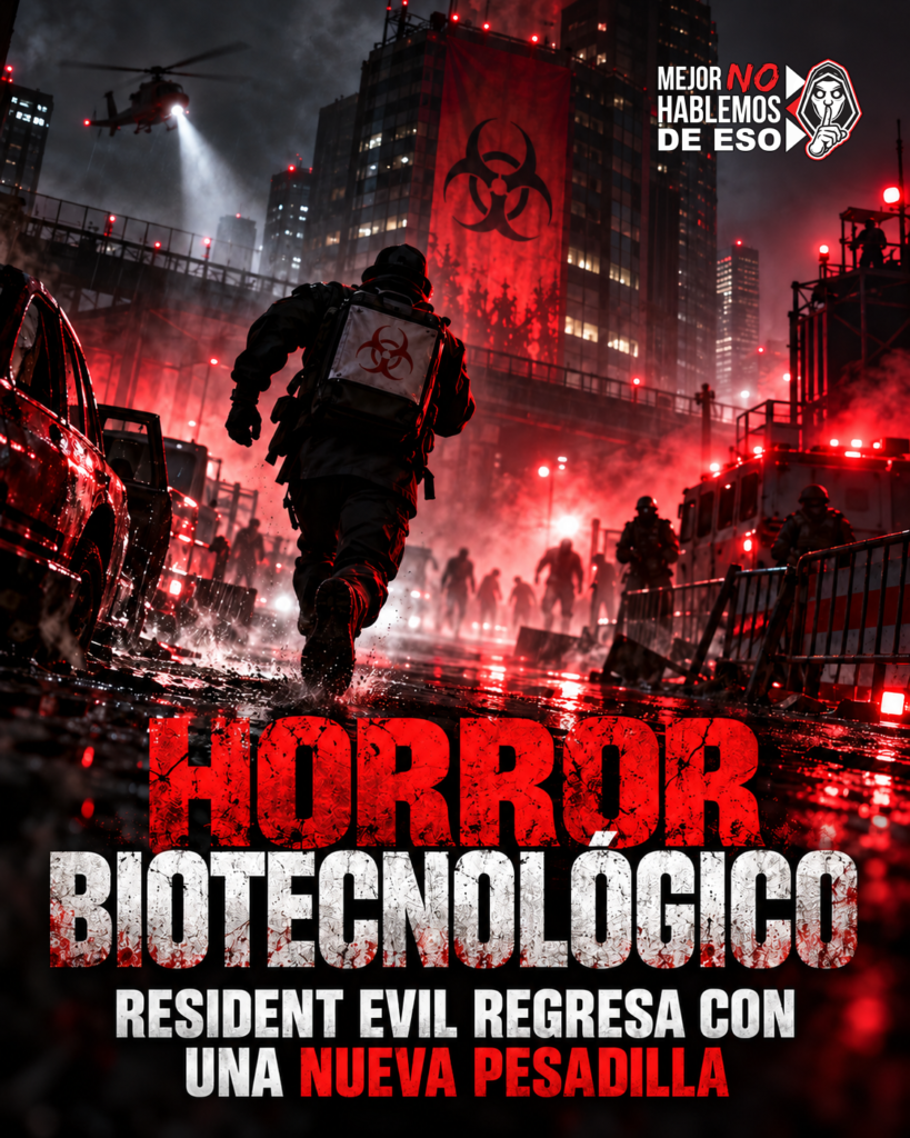 Ilustración IA de MNHDE de una ciudad en emergencia y una figura que busca escapar; concepto de horror inspirado en Resident Evil, no fotograma oficial.
