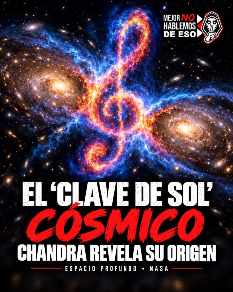Arte IA de MNHDE de una clave de sol luminosa entre galaxias; representación imaginada de Treble Clef, no observación de Chandra ni imagen a escala.