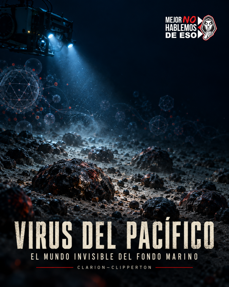 Arte conceptual IA de MNHDE del fondo marino con nódulos y formas virales simbólicas; no es una fotografía de las muestras ni muestra virus a escala real.