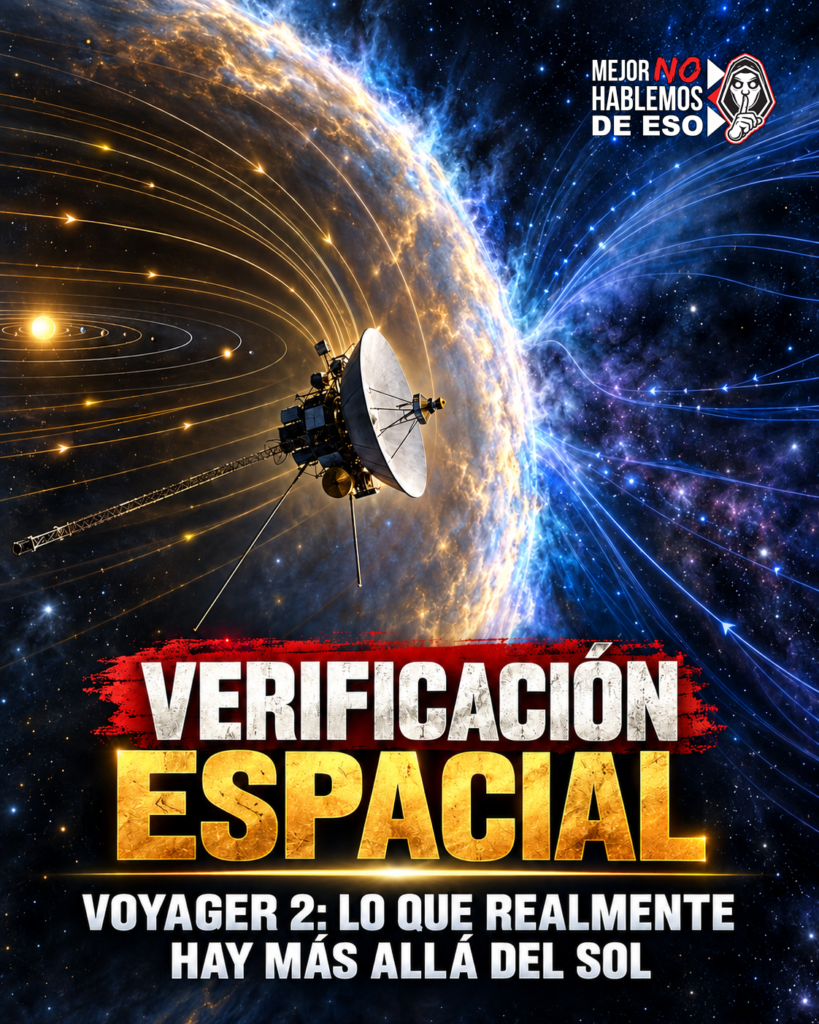 Ilustración IA de MNHDE de Voyager frente a una frontera luminosa conceptual; no fotografía ni representación a escala de la heliopausa.